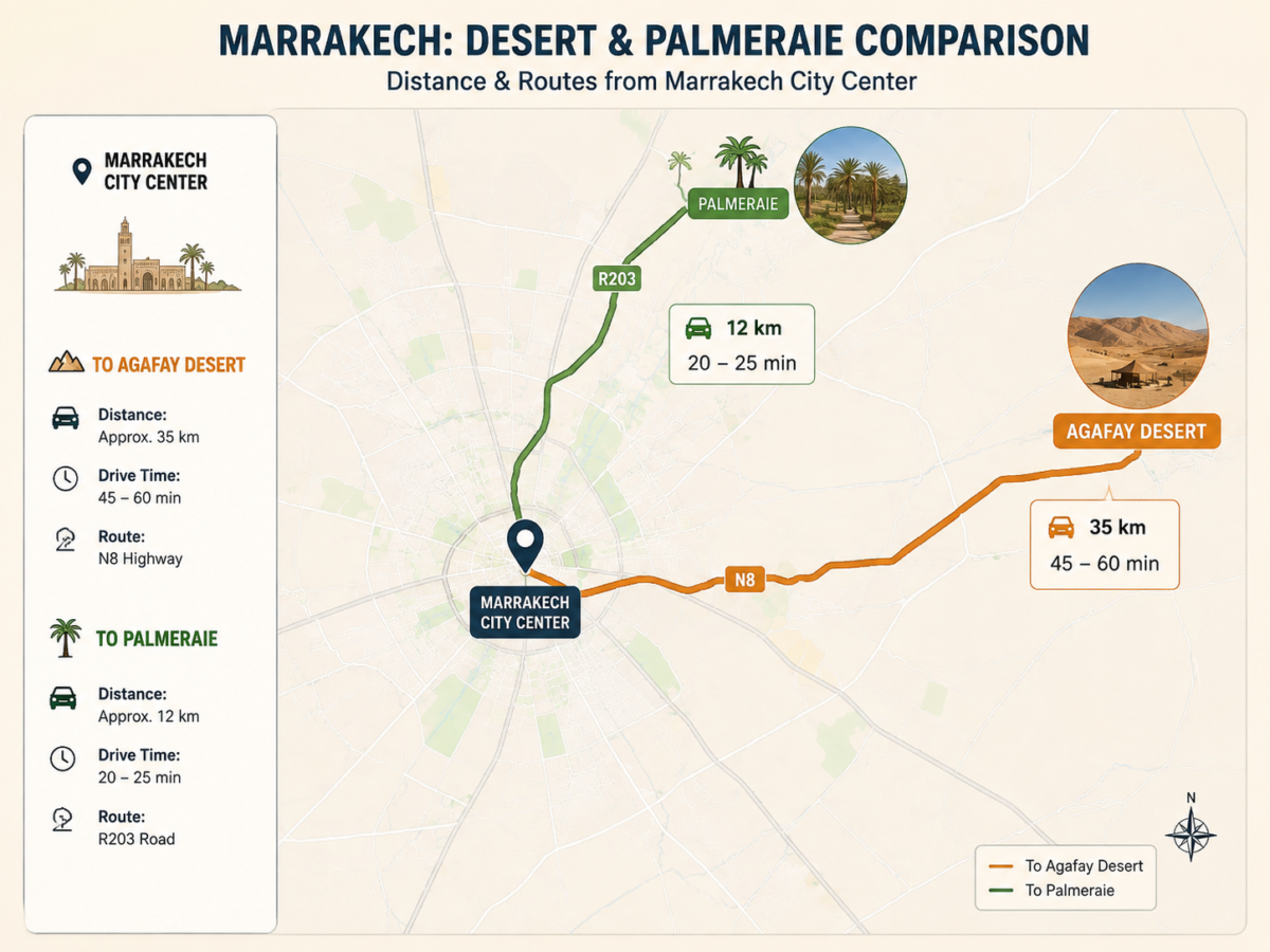 Marrakech map comparing routes to Agafay Desert and Palmeraie